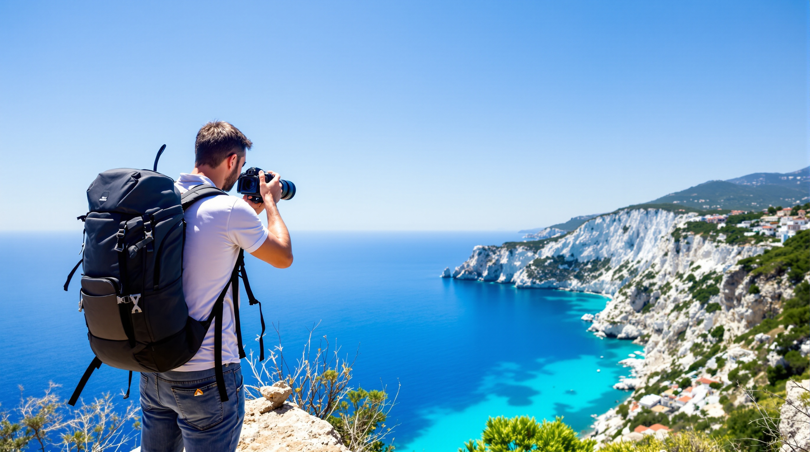 Travel photographer overlooking Mediterranean coastline