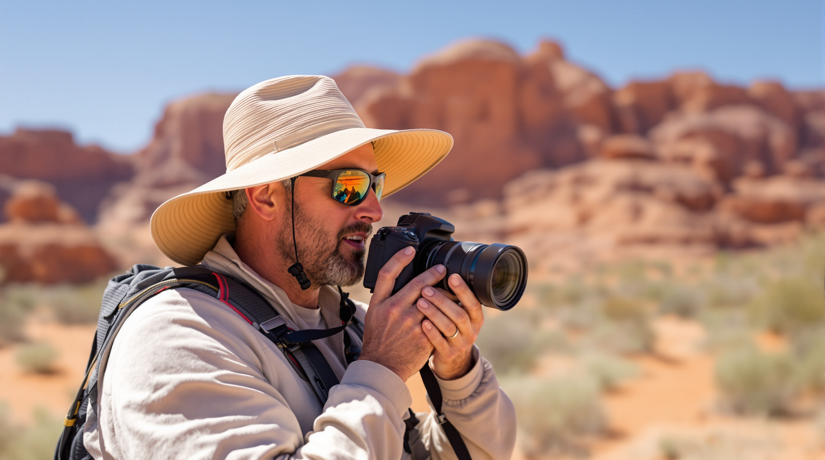 Photographer with sun protection gear