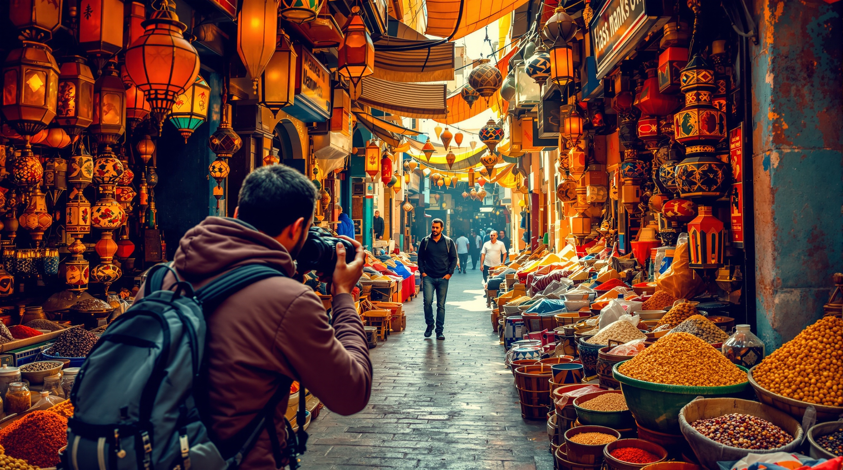 Travel photographer in Moroccan marketplace